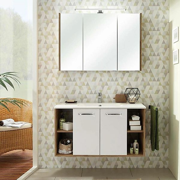 Badezimmer Waschplatz in weiß Glanz mit Eiche Riviera RAIPUR-66 Waschtisch günstig online kaufen