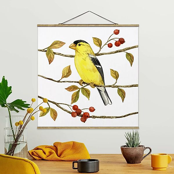 Stoffbild Tiere mit Posterleisten - Quadrat Vögel und Beeren - Goldzeisig günstig online kaufen