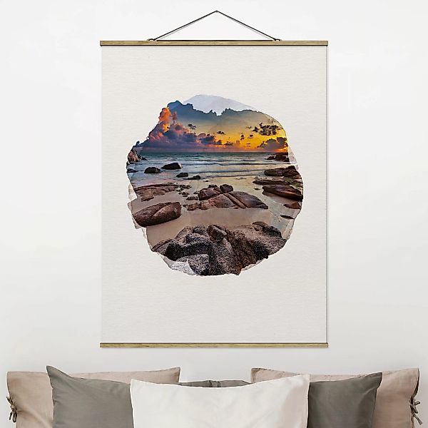 Stoffbild Strand mit Posterleisten - Hochformat Wasserfarben - Strand Sonne günstig online kaufen