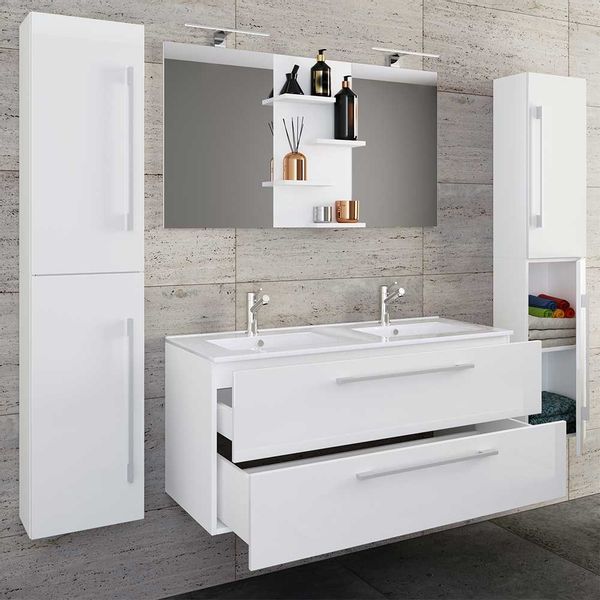 Badmöbelset weiss Hochglanzfront 150 cm hoch inklusive Becken (vierteilig) günstig online kaufen