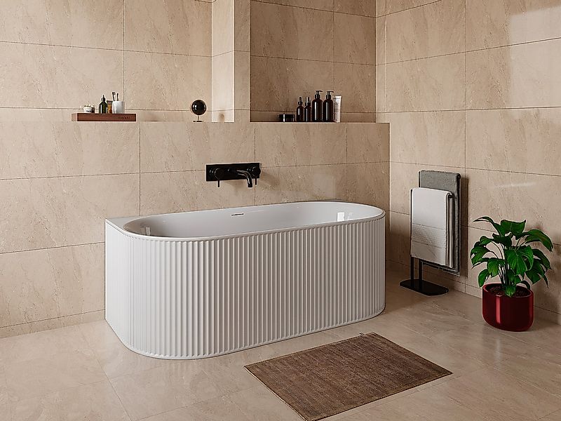 Halb freistehende Badewanne geriffelt - 240 L - 170 x 80 x 60 cm - Weiß mat günstig online kaufen