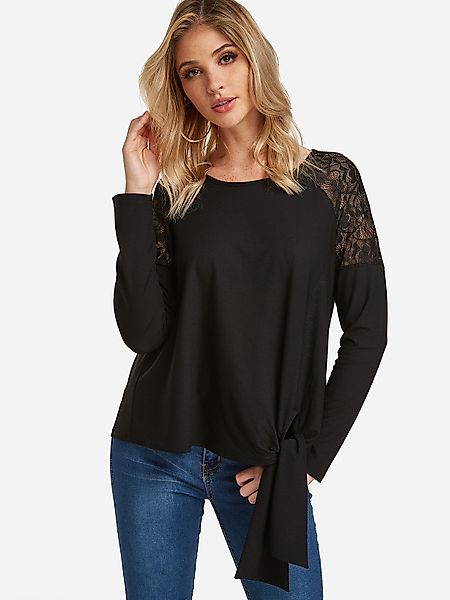 Schwarze Spitze Details Schlichtes Rundhals-T-Shirt mit langen Ärmeln günstig online kaufen