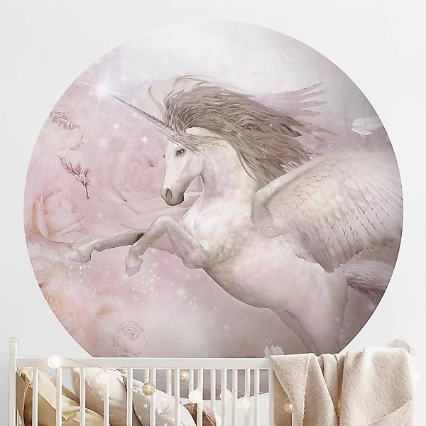 Runde Tapete selbstklebend Pegasus Einhorn mit Rosen günstig online kaufen