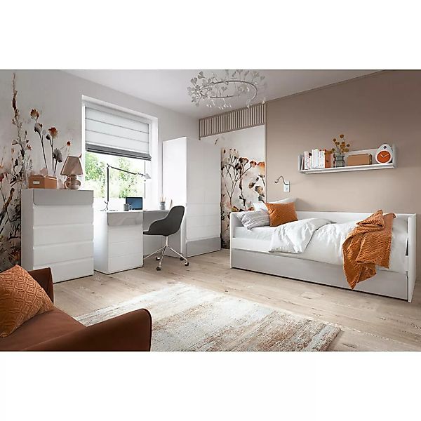 Jugendzimmer Set, Bett 90x200 mit Bettschublade, weiß, grau FLINT-129 5-tei günstig online kaufen