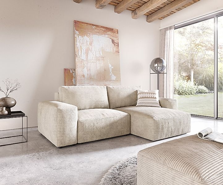 Ecksofa Lanzo 230x155 cm Cord Beige Recamiere variabel mit Hocker günstig online kaufen