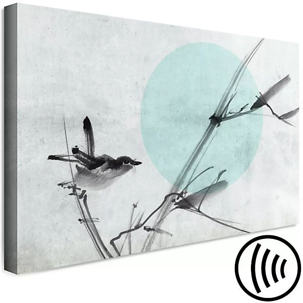 Wandbild Vogel auf einem Zweig - Natur in Skizzenform auf einem blauen Krei günstig online kaufen