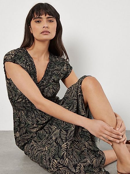 Apricot Maxikleid Batik Smokkleid mit Smockdetails und Batik-Blätter Druck günstig online kaufen