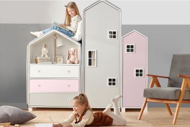 KONSIMO® Kinderkleiderschrank MIRUM Spielzeugschrank Drehtürenschrank Hausf günstig online kaufen