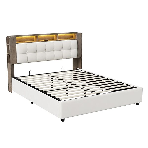 PXloue Doppelbett 140X200 mit Stauraum Kopfteil&LED Bett in Cremefarben günstig online kaufen