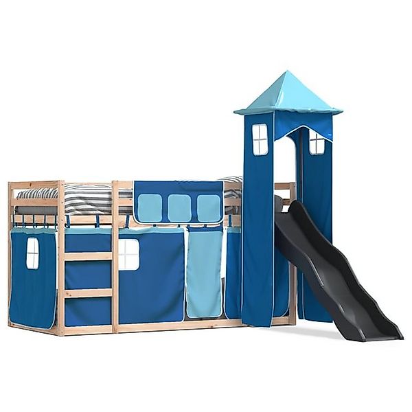 vidaXL Bettgestell Etagenbett mit Rutsche und Gardinen Blau 90x200 cm Bett günstig online kaufen