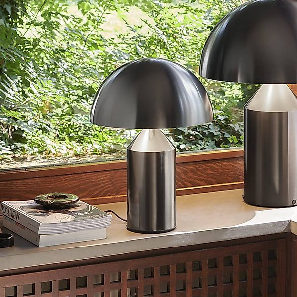 Oluce Tischleuchte Atollo, nickel satin, Dimmer, Alu, Ø 38cm günstig online kaufen
