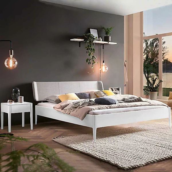 Doppelbett massiv Buche weiss in modernem Design Polsterkopfteil in Grau günstig online kaufen