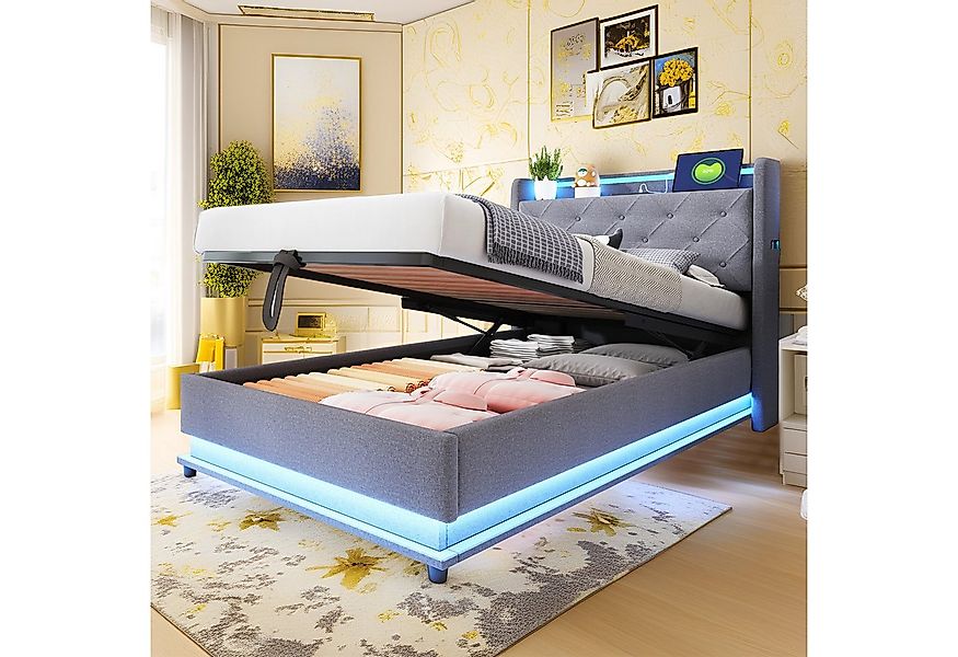 MODFU Polsterbett mit LED-Farbwechsel (Stauraumbett mit USB & Type-C-Anschl günstig online kaufen