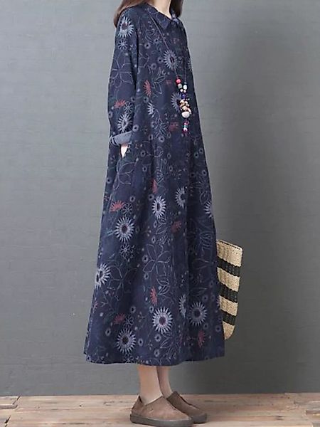 Vintage Blumendruck Langarm A-Linie Revers Plus Größe Kleid günstig online kaufen