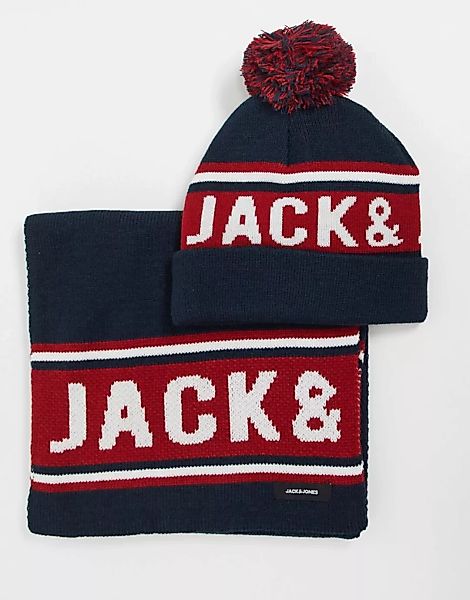 Jack & Jones – Mütze und Schal in Marineblau mit Logo als Geschenkset günstig online kaufen
