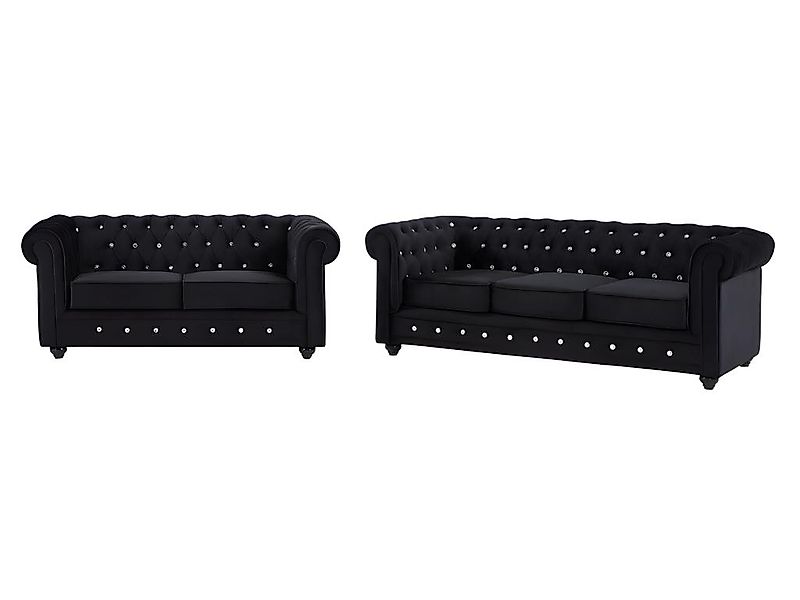 Sofas 3-Sitzer & 2-Sitzer - Samt - Schwarz mit Knöpfen in Kristall-Optik - günstig online kaufen