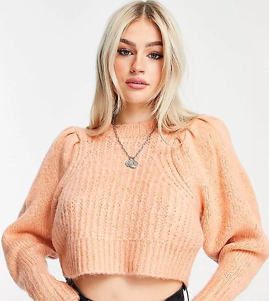 Topshop Petite – Pullover mit plissierten Ärmeln und kurzem Schnitt in Rosa günstig online kaufen