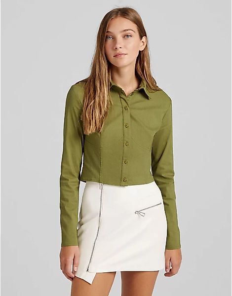 Bershka – Hemd mit Korsettdetail in Khaki-Grün günstig online kaufen