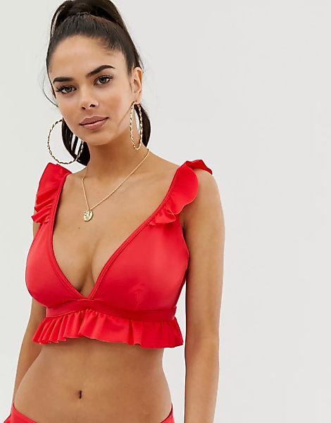 ASOS DESIGN – Fuller Bust – Glamouröses Bikinioberteil mit Rüschen in Rot, günstig online kaufen