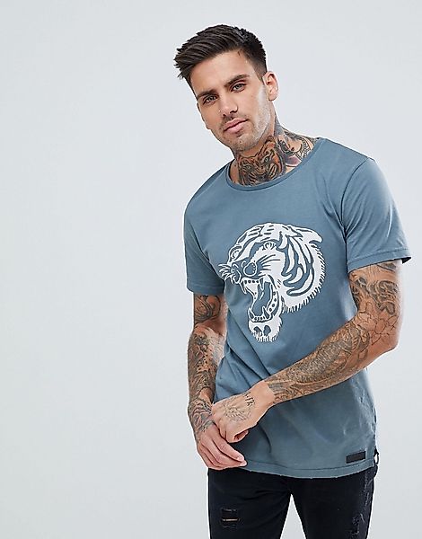 Just Junkies – T-Shirt mit Tigermotiv-Blau günstig online kaufen