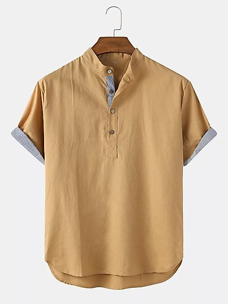 Herren Patchwork Baumwolle Leinen Stehkragen Casual Kurzarm Henley Shirts günstig online kaufen