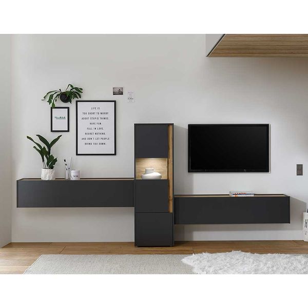 Design Wohnwand in Anthrazit und Wildeiche Optik 350 cm breit (dreiteilig) günstig online kaufen