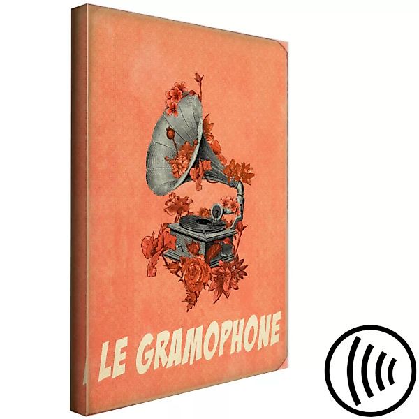 Leinwandbild Graues Grammophon mit Blumen - Musik-Motiv französischem Text günstig online kaufen