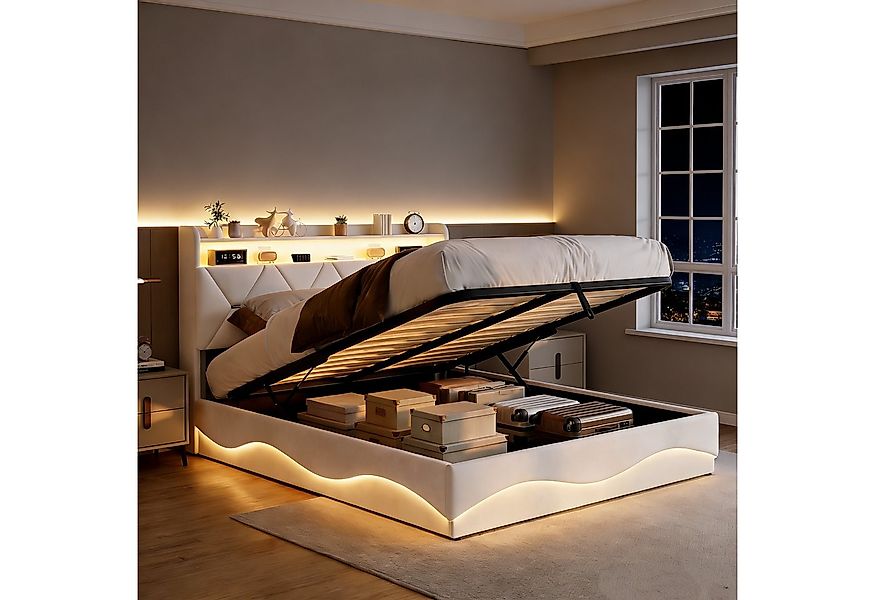 PXloue Polsterbett LED Doppelbett, Bettkasten, Ladefunktion, Samt, 160x200 günstig online kaufen