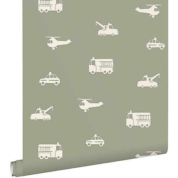 ESTAhome Tapete Autos Löschfahrzeuge Hubschrauber und Kräne Graugrün 50 x 9 günstig online kaufen