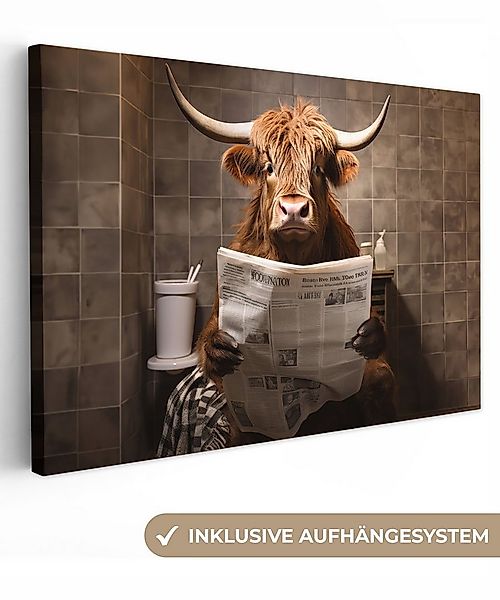 OneMillionCanvasses® Leinwandbild Schottische Highlander - Zeitung - Toilet günstig online kaufen
