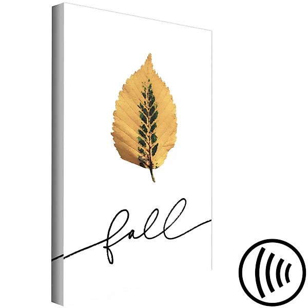 Bild auf Leinwand Fallendes Blatt - minimalistische, Herbstgrafik mit Text günstig online kaufen