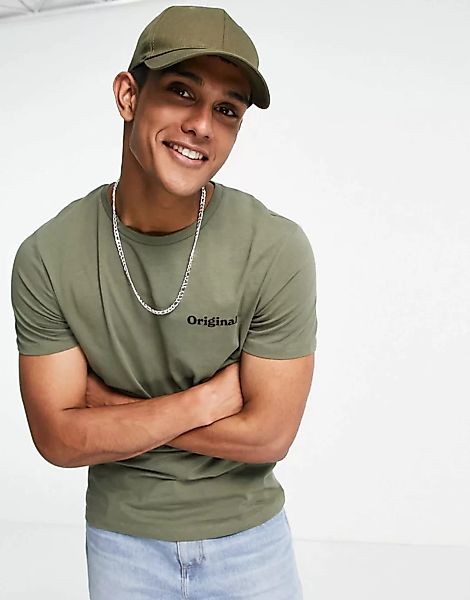 Jack & Jones Originals – T-Shirt in Khaki mit Logo auf der Brust-Grün günstig online kaufen