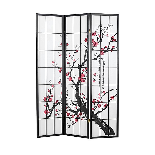 Homestyle4u 3-tlg. Paravent in Schwarz Kirschblüte 132x179 cm 63 günstig online kaufen