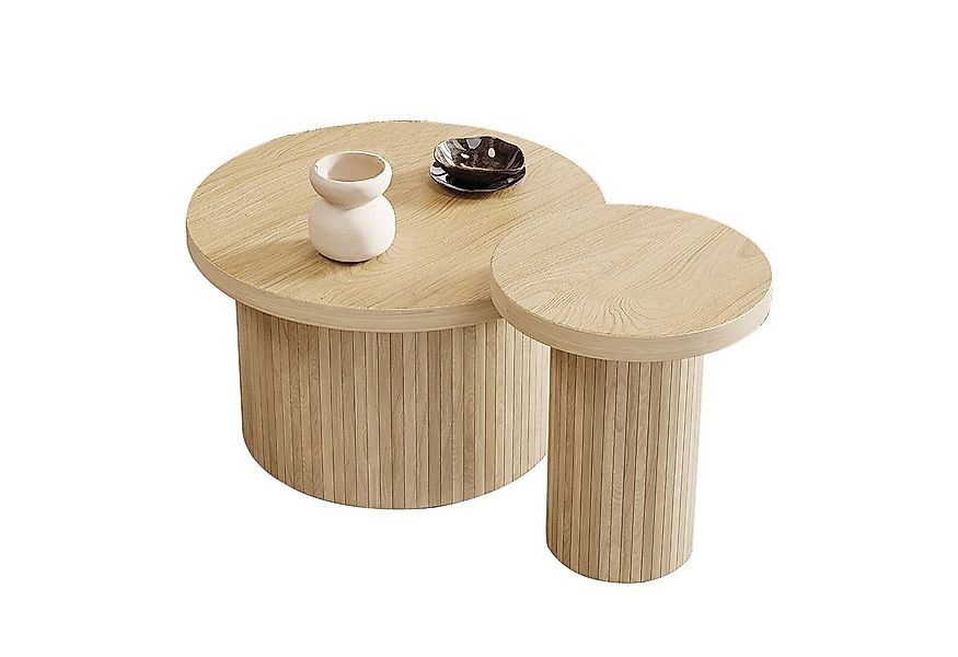 KLAM HOME Couchtisch doppelter runder Tisch Beistelltisch aus Naturholzlatt günstig online kaufen