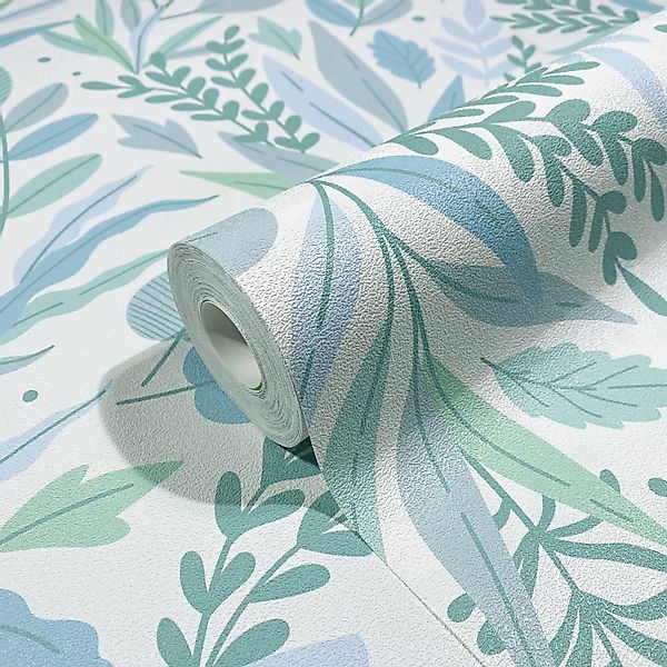 Marburg Vliestapete Blattoptik Floral Modern 10,05 m x 0,53 m Weiß-Grün-Bla günstig online kaufen