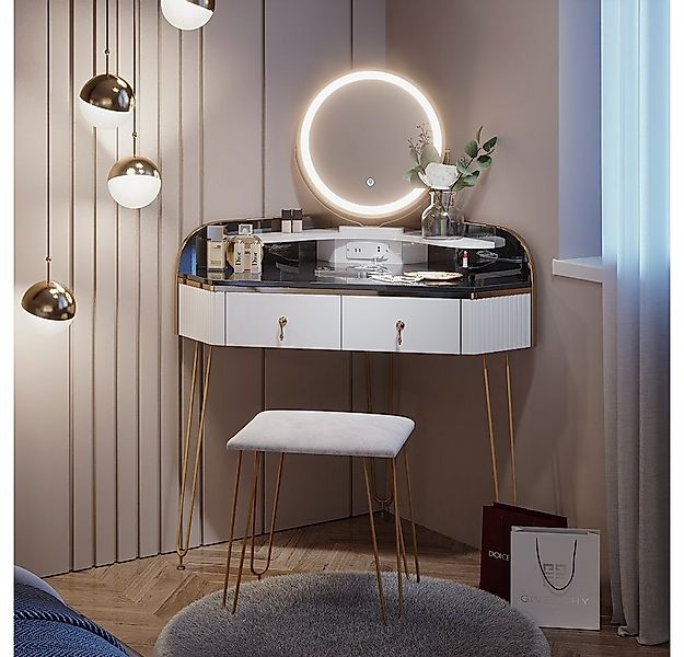 Vicco Schminktisch Amira, Weiß Hochglanz/Grau, 99cm mit LED Spiegel, Hocker günstig online kaufen