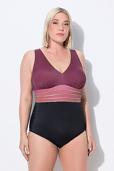 Ulla Popken Badeanzug Badeanzug Gold-Piping Softcups V-Ausschnitt günstig online kaufen