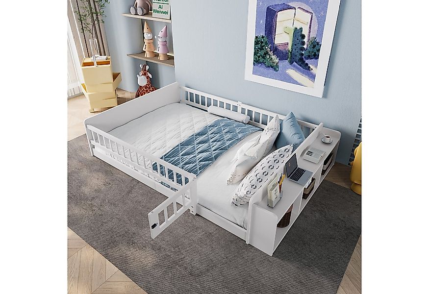 Flieks Kinderbett, Holzbett Bodenbett Doppelbett 140x200cm mit Tür und Stau günstig online kaufen