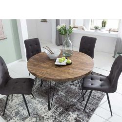 Runder Esstisch aus Sheesham Massivholz Metallgestell günstig online kaufen