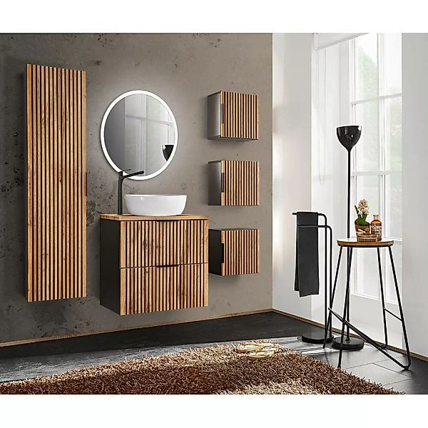 Badezimmer Komplett Set schwarz gerillt mit Waschtisch 60 cm XANTEN-56 in a günstig online kaufen