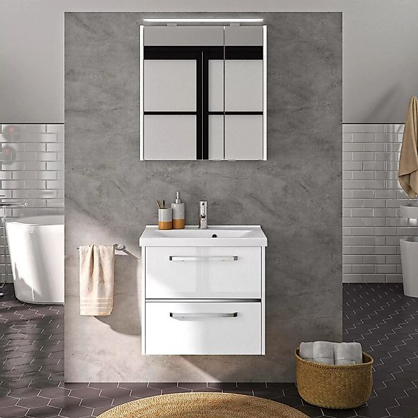 Badezimmer-Waschplatz FES-3050-66 Waschtischunterschrank in Hochglanz weiß günstig online kaufen