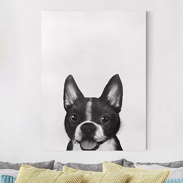 Leinwandbild Tiere - Hochformat Illustration Hund Boston Schwarz Weiß Maler günstig online kaufen