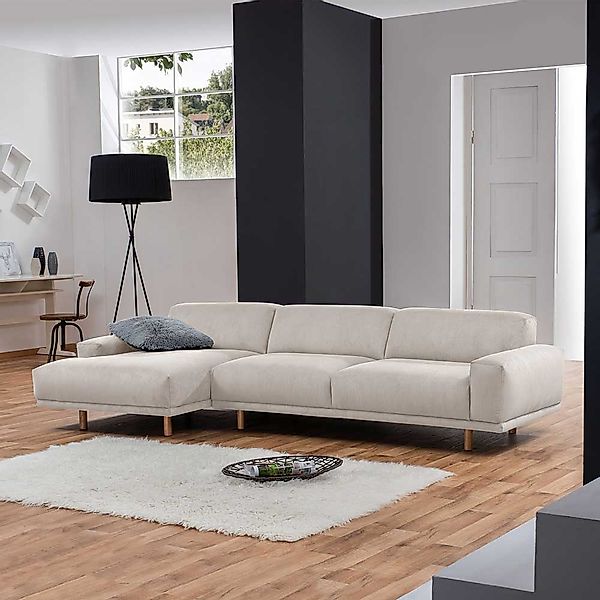Ecksofa Skandi Stil in Beige Cord Fußgestell in Eichefarben günstig online kaufen