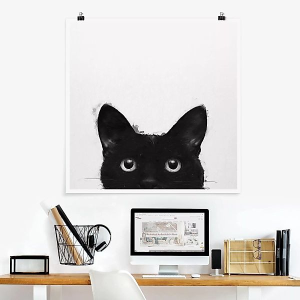 Poster Tiere - Quadrat Illustration Schwarze Katze auf Weiß Malerei günstig online kaufen