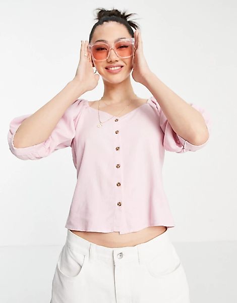 Vero Moda – Oberteil mit Puffärmeln und Knopfleiste in Rosa günstig online kaufen