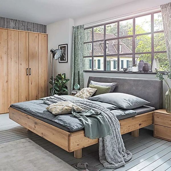 Doppelbett mit Polster in Wildeichefarben Anthrazit Vintage günstig online kaufen
