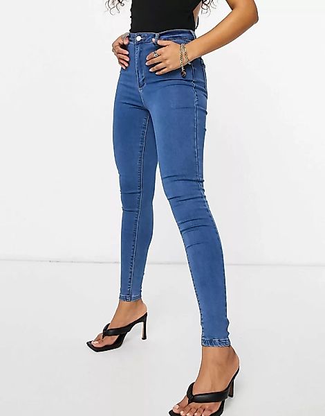 Missguided – Vice – Enge Jeans mit hohem Bund und Gürtelschlaufen in Blau-S günstig online kaufen