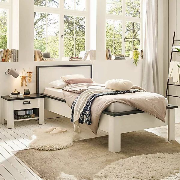 Modernes Landhaus Bett in Pinie Weiß und Anthrazit 90x200 und 140x200 günstig online kaufen
