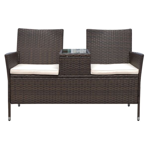 Outsunny Polyrattan Sitzbank 2-Sitzer mit Tisch Gartenbank Stahlrahmen Brau günstig online kaufen