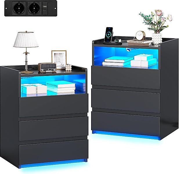 MSMASK Nachttisch mit 3 Schubladen, Steckdosenleiste günstig online kaufen